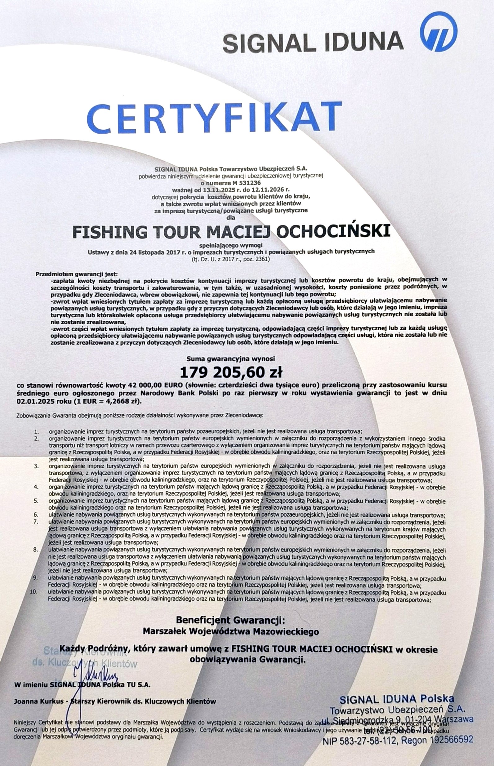 Certyfikat gwarancji ubezpieczeniowej SIGNAL IDUNA dla Fishing Tour